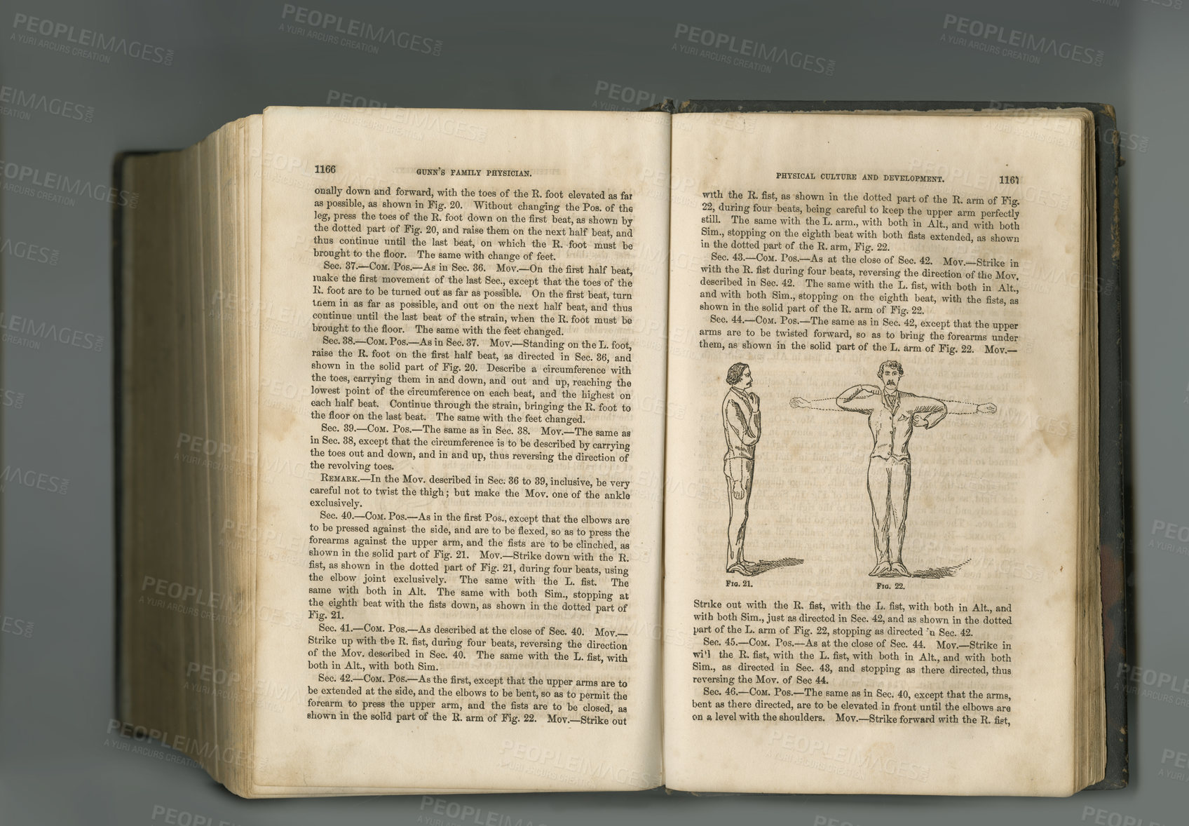 Buy stock photo Old book, guide and vintage pages of text for physical culture, antique manuscript or ancient scripture in literature against studio background. Closeup of historical novel, journal or history study