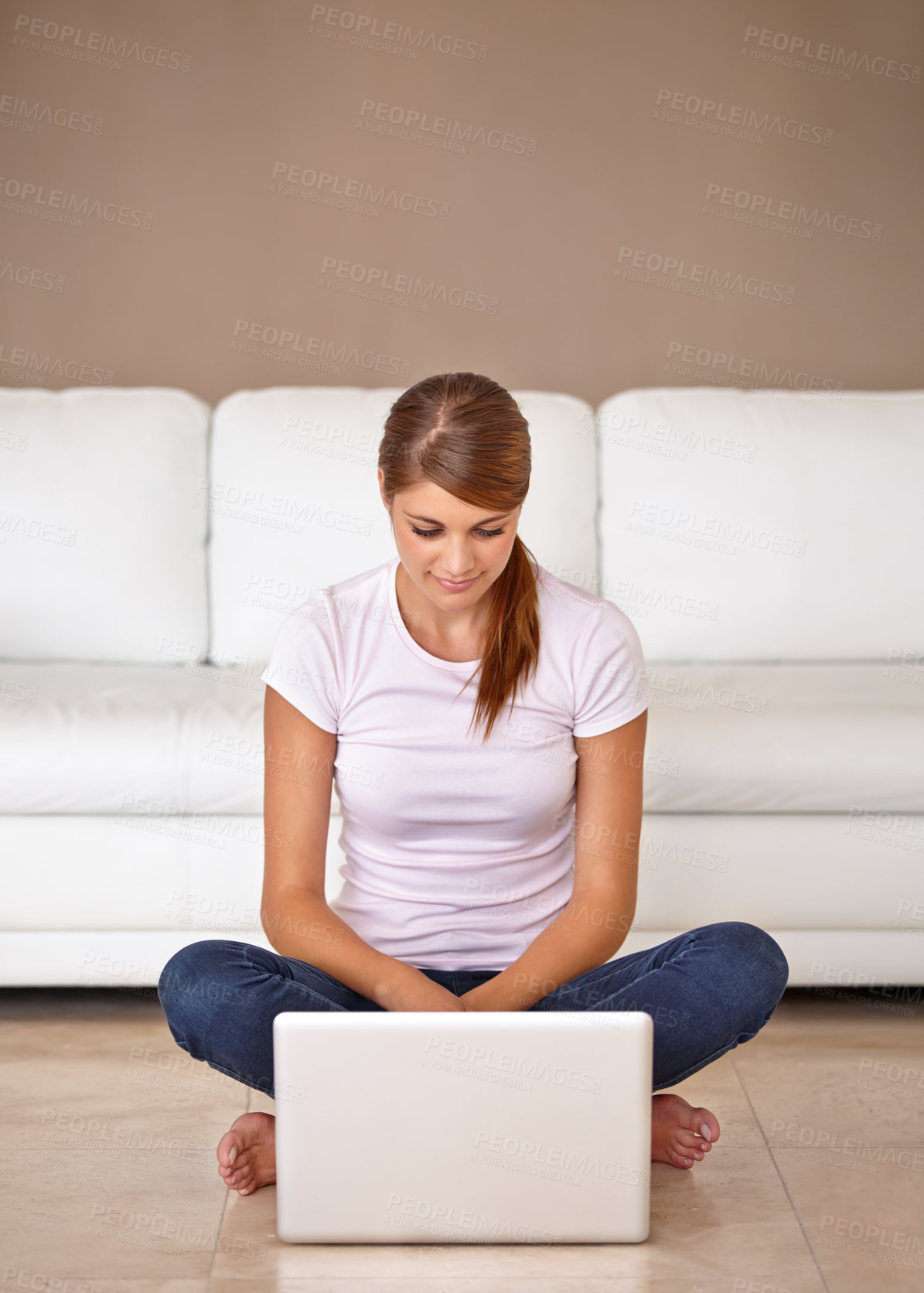 Buy stock photo Woman, remote work and laptop on floor in home to update blog post, social media and reading digital news subscription. Freelancer, computer and relax on ground for online shopping, email or research