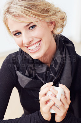 Buy stock photo Portrait, home and smile with woman, coffee and relaxing with weekend break, vacation and apartment. Face, person or girl with green tea, peace or espresso with latte, morning or confidence in lounge