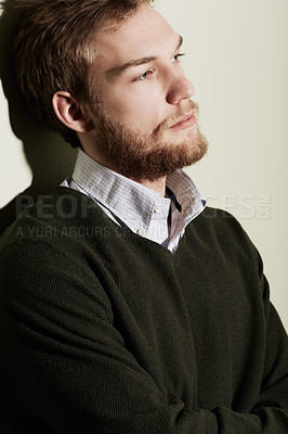 Buy stock photo Fashion, thinking and face of man with aesthetic, trendy clothes and outfit on studio background. Style, model and closeup of person calm, wonder and thoughtful with stylish, pride and handsome