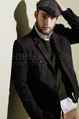 Buy stock photo A handsome young man posing in trendy mens winter wear