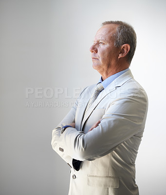 Buy stock photo Thinking, arms crossed and director with business man for vision, idea and reflection. Corporate, executive and professional ceo with senior male employee standing for future, mindset and planning