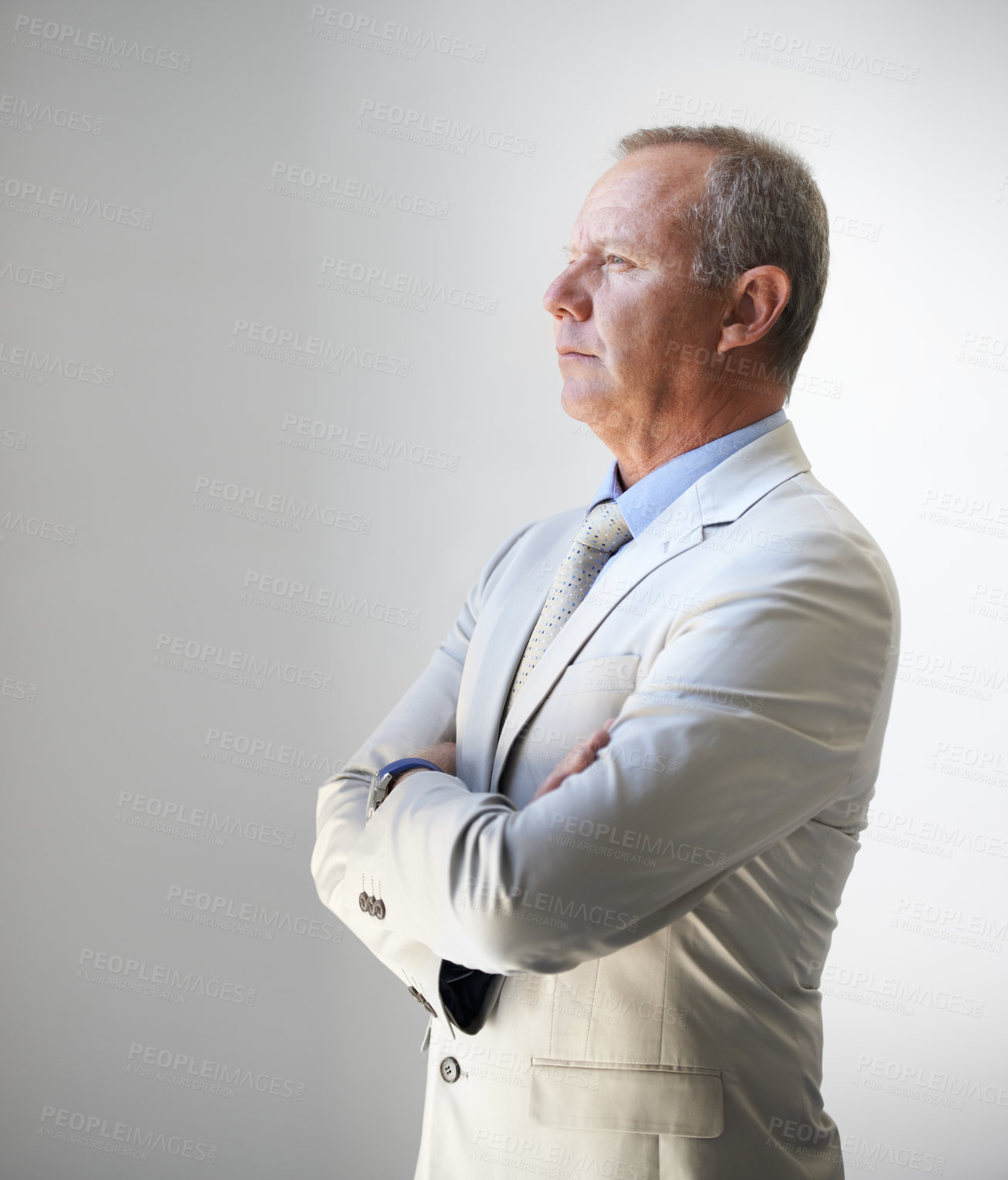 Buy stock photo Thinking, arms crossed and director with business man for vision, idea and reflection. Corporate, executive and professional ceo with senior male employee standing for future, mindset and planning