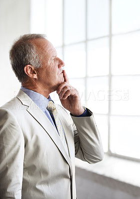 Buy stock photo Thinking, window and director or business man with vision, idea and reflection. Corporate, executive and professional ceo or senior male employee standing for future, mindset and planning in office