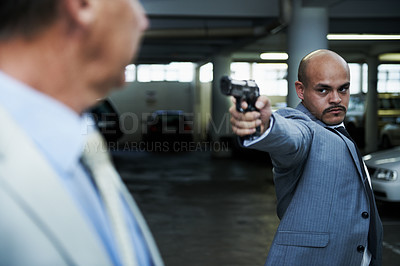 Buy stock photo Car park, crime and business man with gun point robbery, kidnap or ransom, danger or threat. Violence, gangster or mature male entrepreneur with fear, stress and anxiety for mafia, mob or terror