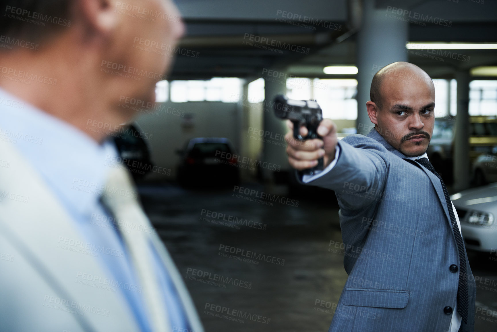 Buy stock photo Car park, crime and business man with gun point robbery, kidnap or ransom, danger or threat. Violence, gangster or mature male entrepreneur with fear, stress and anxiety for mafia, mob or terror