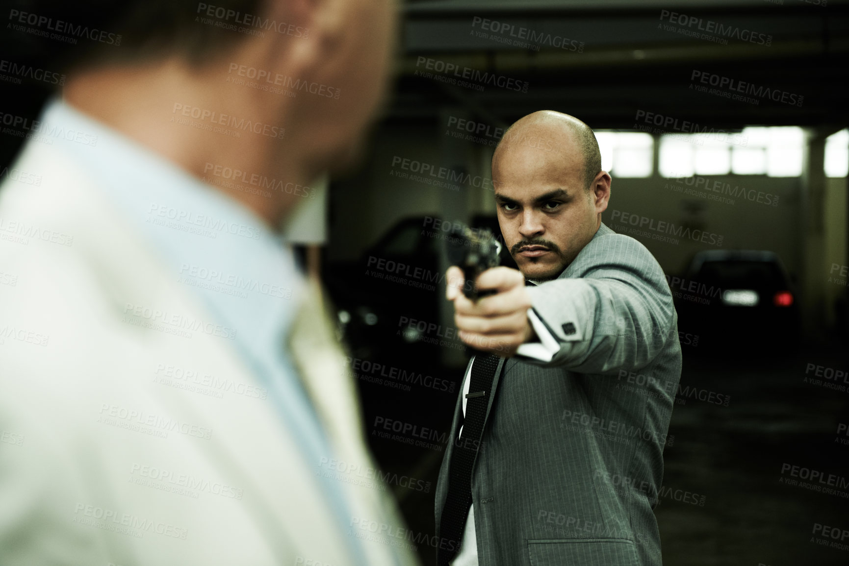 Buy stock photo Crime, car park and business man with gun point robbery, kidnap or ransom, danger or threat. Violence, gangster or mature male entrepreneur with fear, stress and anxiety for mafia, mob or terror