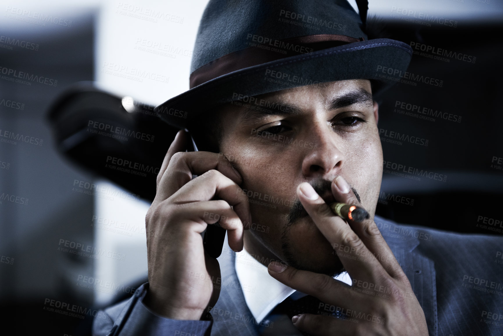 Buy stock photo Gangster, phone call and mafia for danger crime planning ransom, abduction or interrogation terror. Male person, cigar smoking and mobile device for hitman threat conversation, robbery or violence