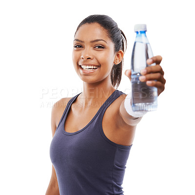 Buy stock photo Woman, fitness and portrait with bottle of water in studio for exercise, workout and training on white background. Happy african athlete with drink for hydration, nutrition or healthy diet for energy