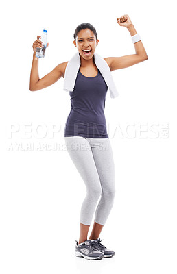 Buy stock photo A young woman holding a bottle of water and flexing her biceps after an energizing workout