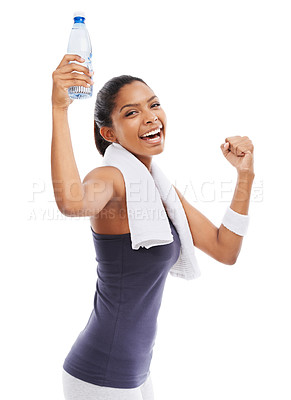 Buy stock photo Woman, fitness flex and laughing portrait with water for workout, training and exercise in studio. Happy, smile and female athlete with drink and bottle with break after sport with white background