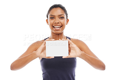 Buy stock photo Blank paper, excited woman and poster with portrait for advertisement and promo mockup in studio. Smile, happy and person with signage for advertising for sale or discount with white background 