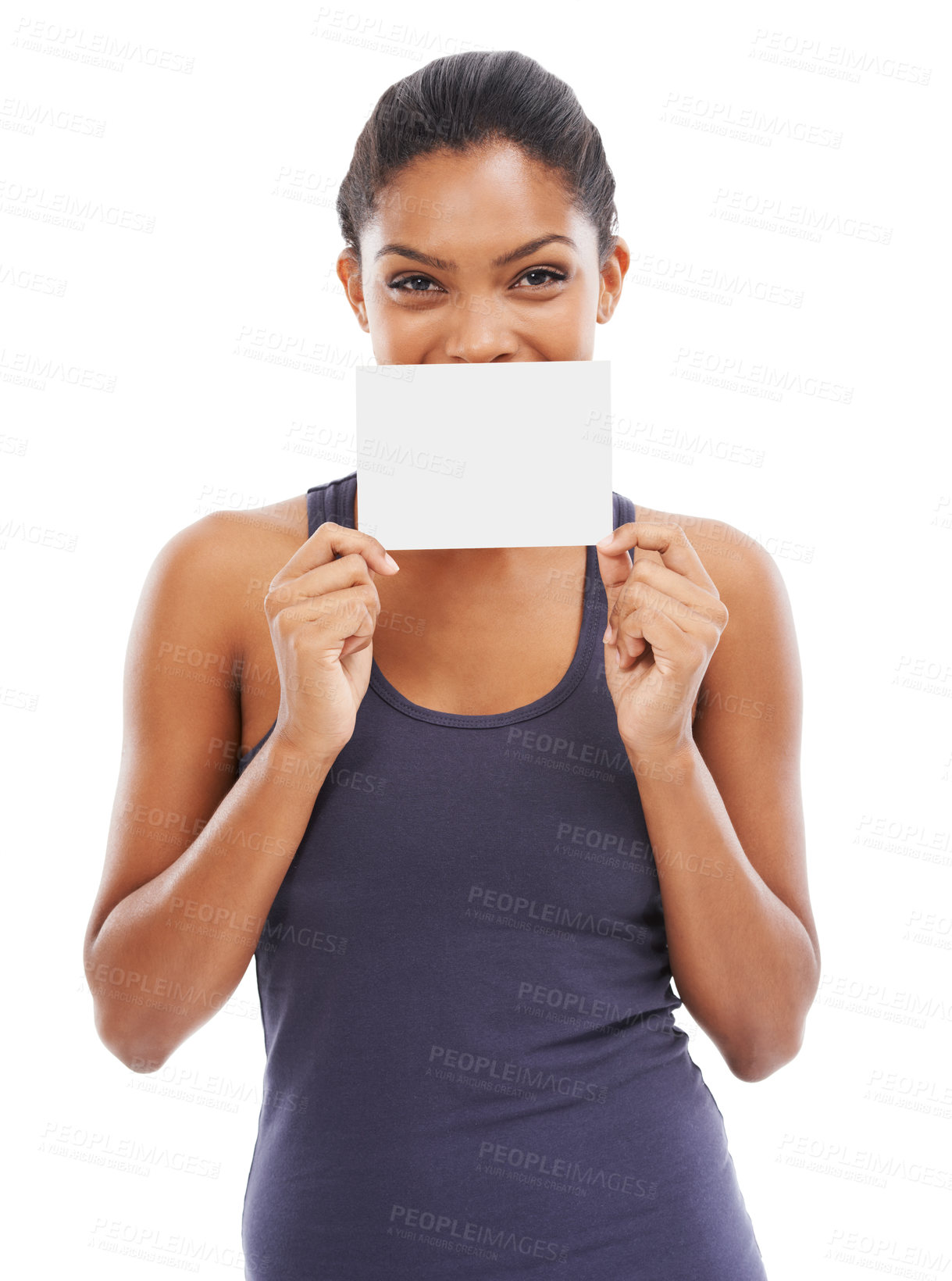 Buy stock photo Woman, blank card and portrait for exercise in studio, mockup and sign up or information or offer. Female person, paper and advertising on placard for membership promotion at gym by white background