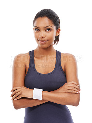Buy stock photo Portrait, fitness and a sports woman arms crossed in studio on a white background for health or wellness. Exercise, training or workout with a confident young athlete at the gym for improvement