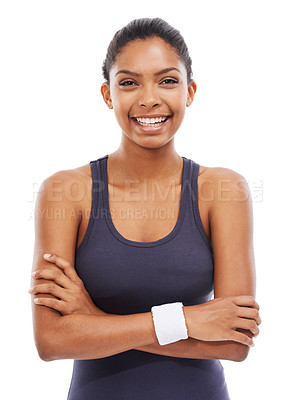 Buy stock photo Studio shot of a sporty young woman posing against a white background