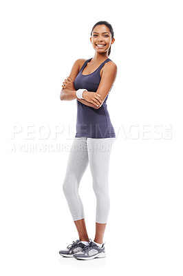 Buy stock photo Happy woman, portrait and fitness in sports fashion for workout against a white studio background. Female person, runner or athlete smile and arms crossed in gym clothing for exercise on mockup space