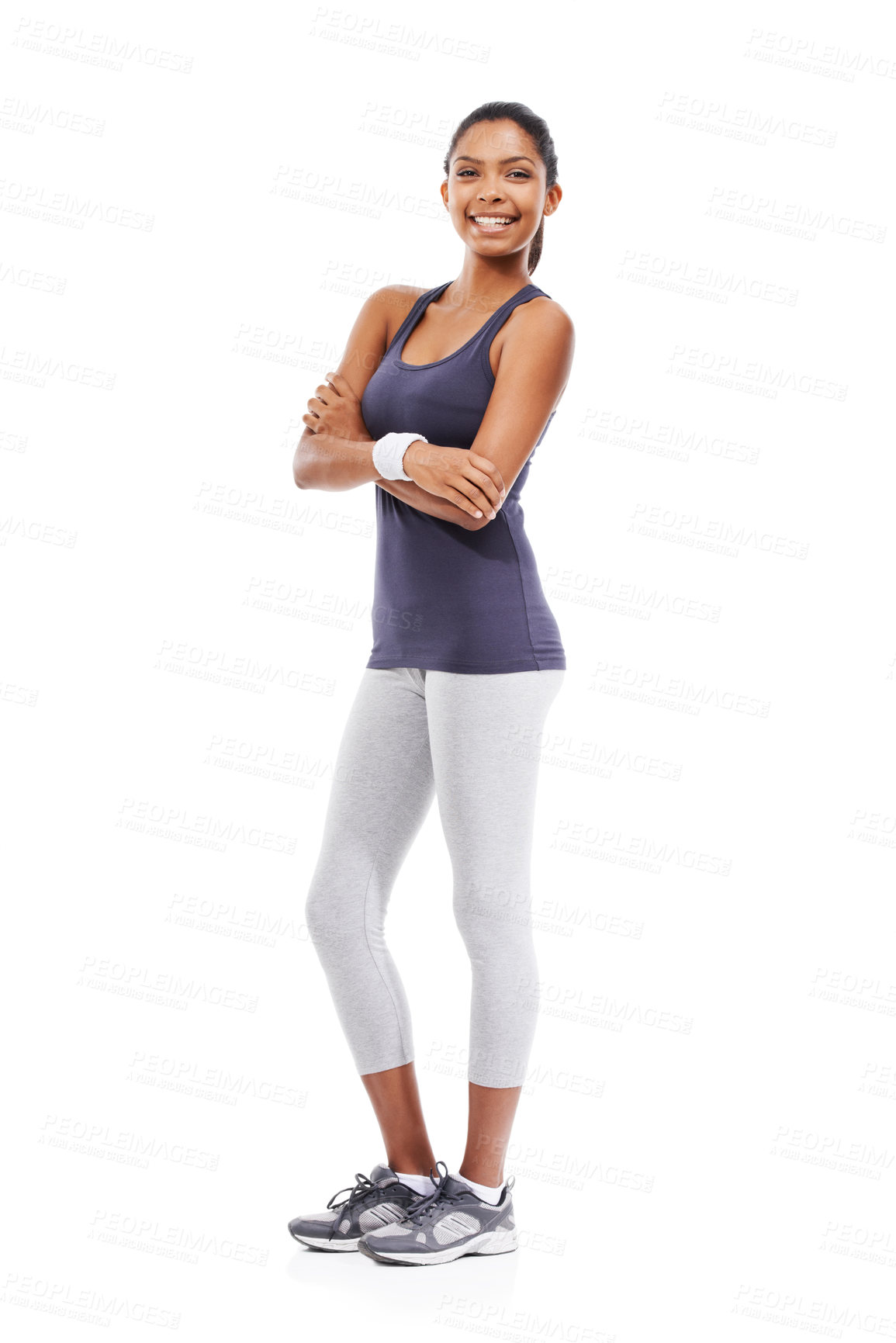 Buy stock photo Happy woman, portrait and fitness in sports fashion for workout against a white studio background. Female person, runner or athlete smile and arms crossed in gym clothing for exercise on mockup space