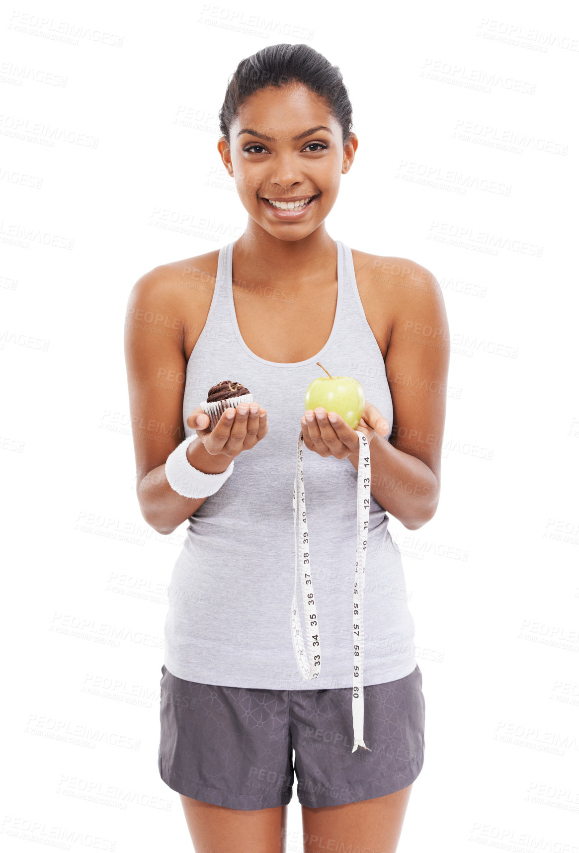 Buy stock photo Woman, portrait and cupcake or apple choice in studio or healthy decision, diet balance or white background. Female person, dessert and fruit or tape measure as weight loss, mockup space or nutrition