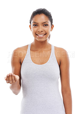 Buy stock photo Portrait, fitness and smile with a woman advertising in studio isolated on a white background for natural wellness. Exercise, training and with a confident young fitness athlete for a gym workout