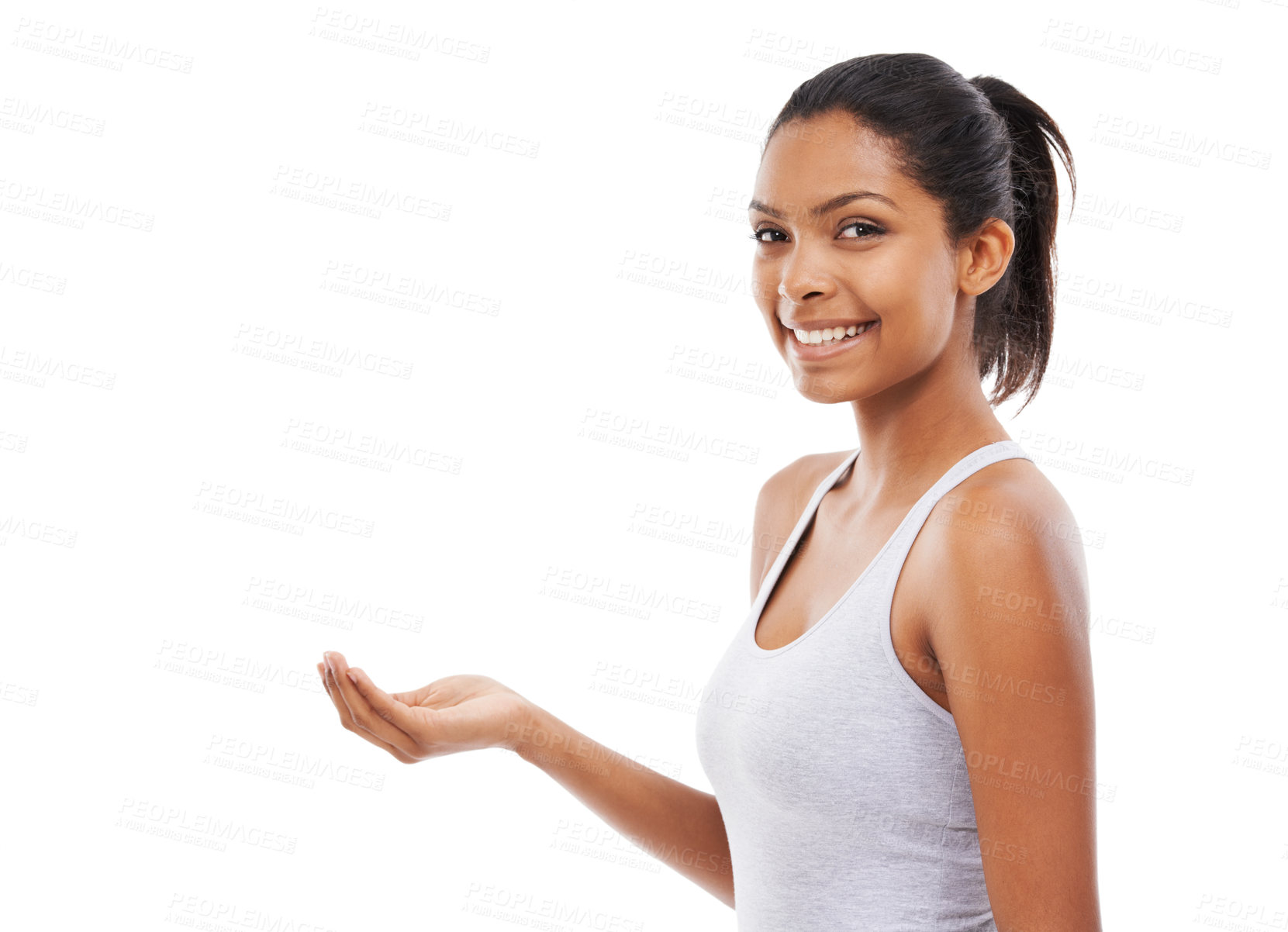 Buy stock photo Portrait, advertising and space in the palm of a woman in studio isolated on white background for promo. Smile, marketing or presentation and the hand of a confident young person holding empty mockup