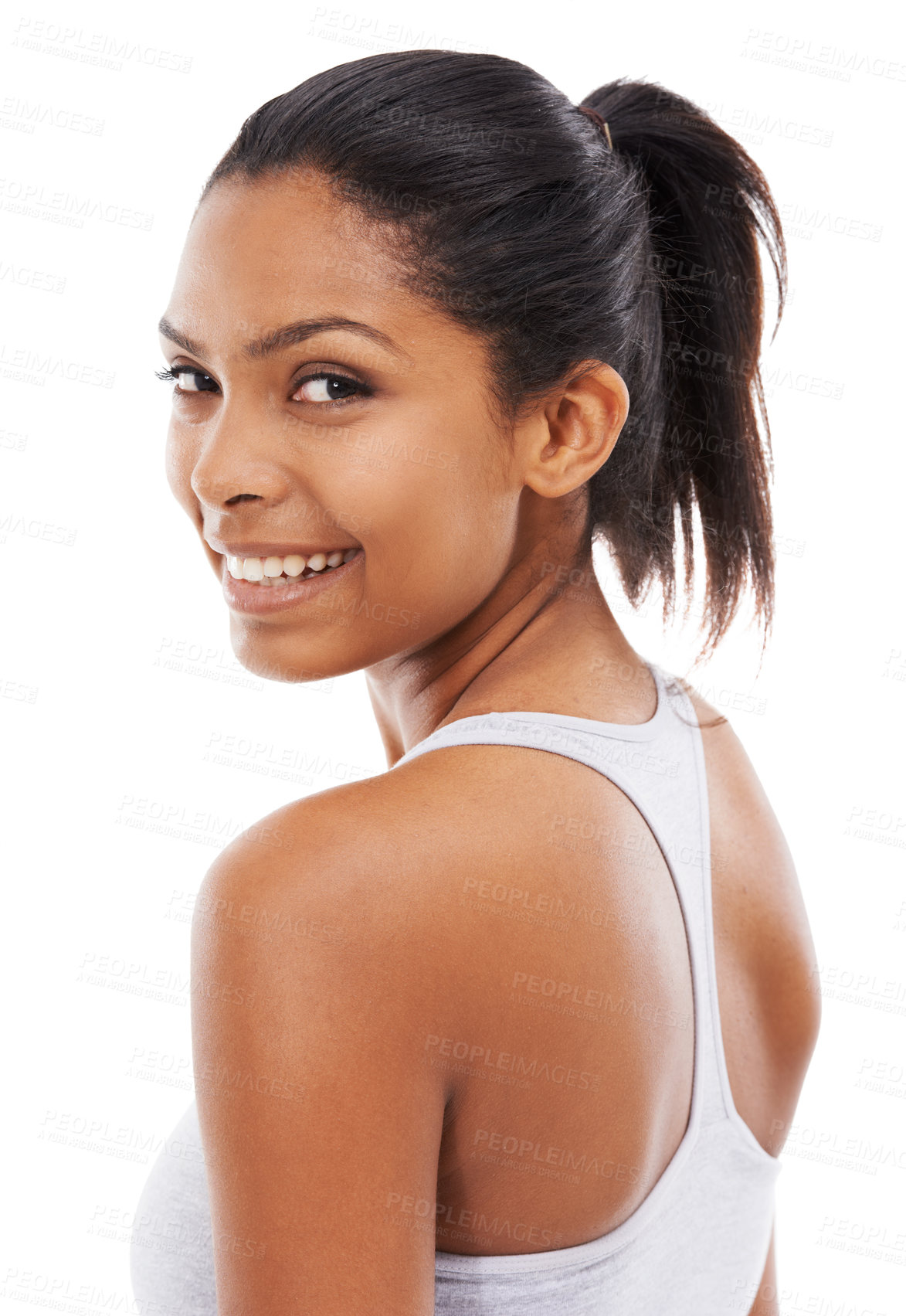 Buy stock photo Woman, portrait and smile in studio for workout wellness, sportswear or training mockup. Female person, face and confident for fitness health or white background for cardio, challenge or progress