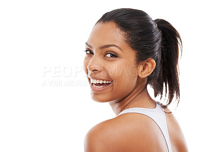 Buy stock photo Studio shot of a sporty young woman posing against a white background