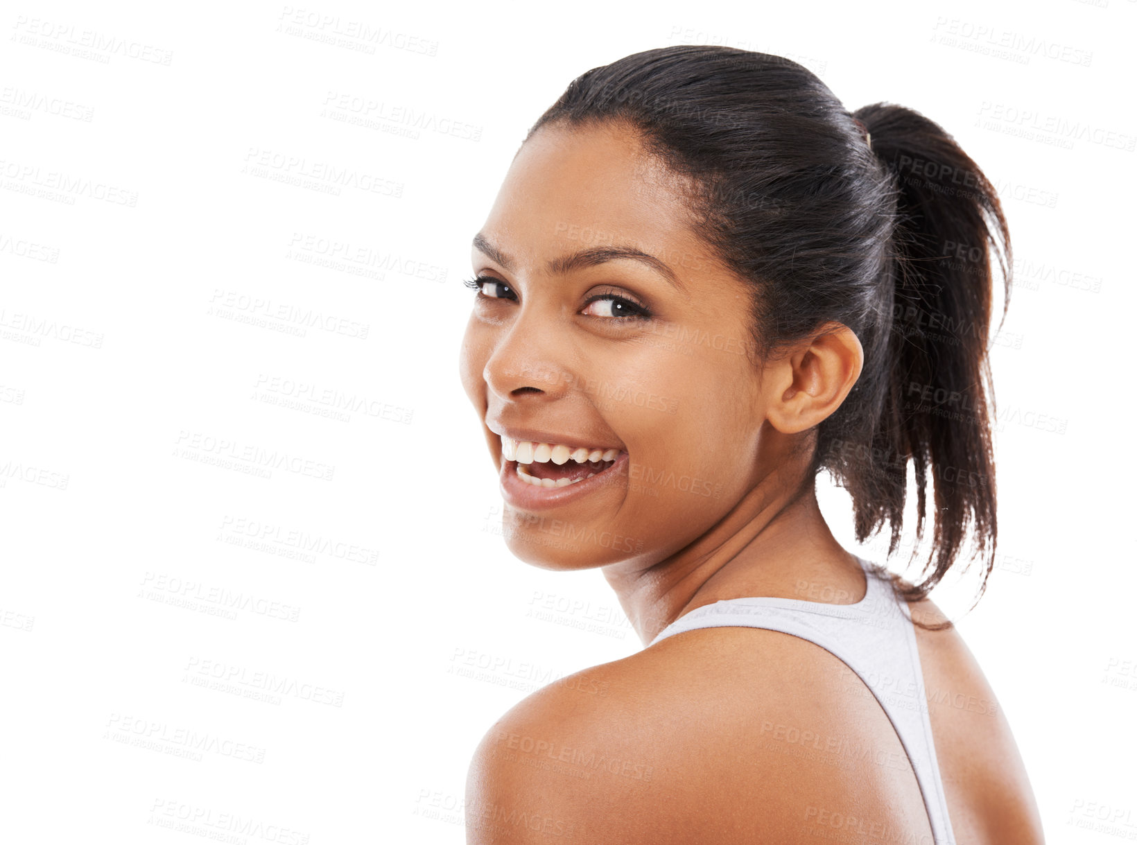 Buy stock photo Studio shot of a sporty young woman posing against a white background