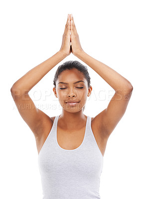 Buy stock photo Woman, yoga and namaste pose in studio, peace and spiritual awareness or mindfulness. Happy person, meditation and exercise or fitness for wellness, relaxing and chakra or breathe by white background