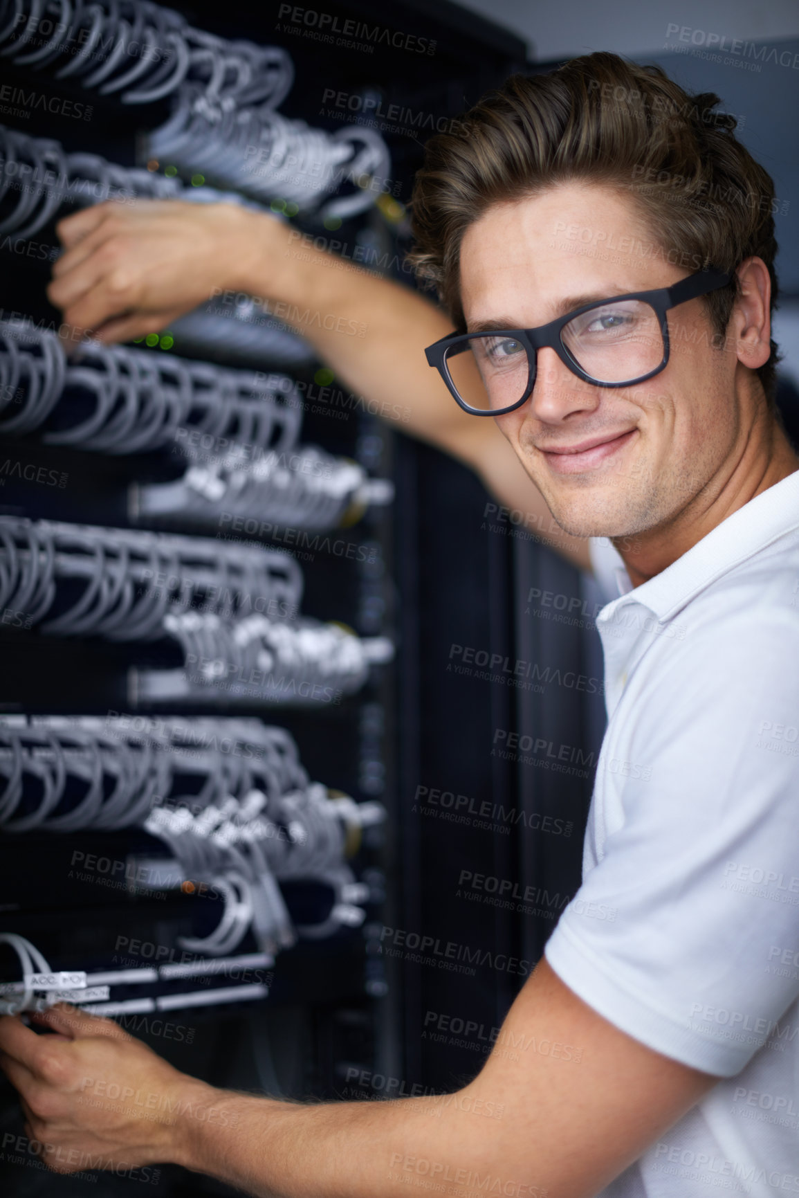 Buy stock photo Server room, information technology and man in portrait for connectivity, night and job. Cybersecurity system, it network or person for fiber internet, data center and storage with cable connection