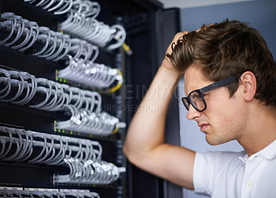 Buy stock photo Server room, thinking and confused man with cables for connectivity, night and check hardware. Cybersecurity system, it network and technician for glitch, data center and problem solving for error