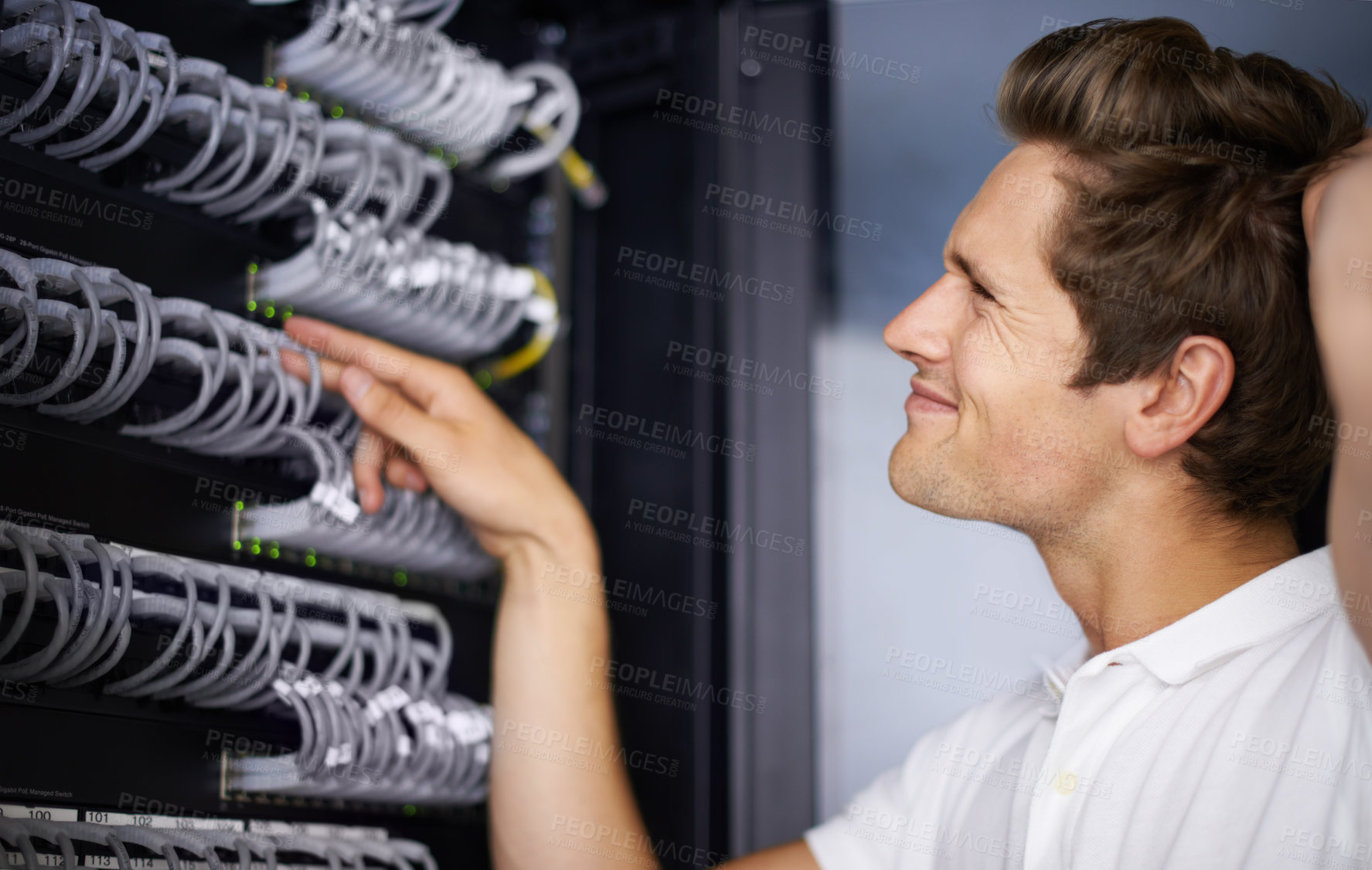 Buy stock photo Server room, confused man and check cables with thinking for connectivity, night and hardware. Cybersecurity system, it network and technician for glitch, data center and problem solving for error