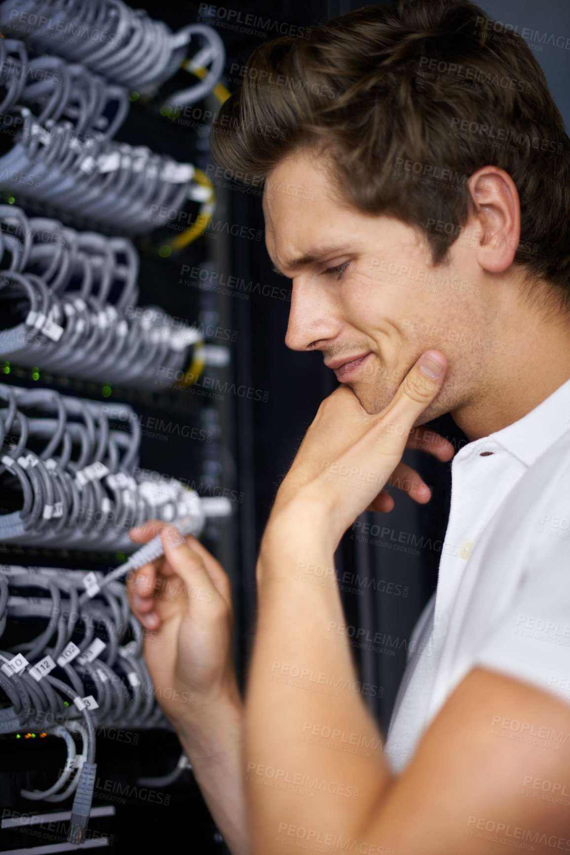 Buy stock photo Server room, tools and man with connection check, thinking and night in solution at job. Cybersecurity system, it network or person for fiber internet, data center and storage with problem solving