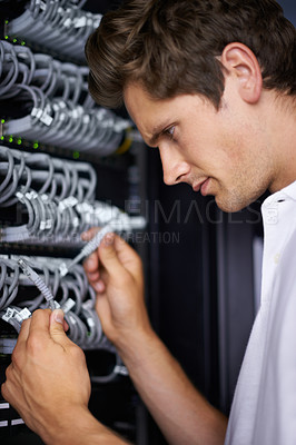 Buy stock photo Server room, tools and man for cable maintenance for connectivity, night or thinking at job. Cybersecurity system, it network or person for fiber internet, data center or storage with problem solving