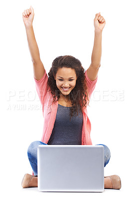 Buy stock photo University scholarship and black woman winner with laptop
reading online update with excited smile. Winning, happy and celebration of girl with good news for college admission in white studio.
