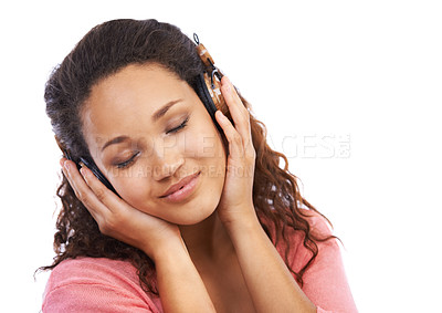 Buy stock photo Headphones, music and calm woman in studio mental health, wellness and subscription streaming service. Student listening to audio for online subscription and technology in calm, peace and zen mockup