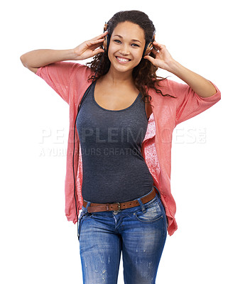 Buy stock photo Portrait, music headphones and woman in studio isolated on a white background. Face, relax and happy female with hifi headset streaming, listening or enjoying podcast, radio or audio, song or album.