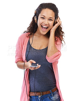 Buy stock photo Portrait, music headphones and woman with phone in studio isolated on a white background. Cellphone, face and happy female with wooden headset streaming, listening or enjoying podcast, radio or audio