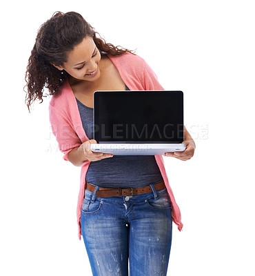 Buy stock photo Laptop mockup, woman and technology for digital communication, email with technology and wireless connection. Internet, pc marketing with website against studio background with tech product placement