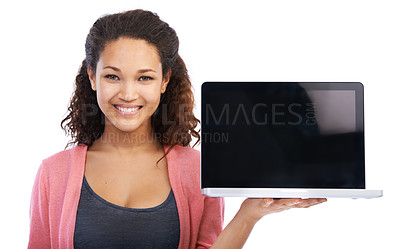Buy stock photo Woman with laptop mockup, tech and portrait with internet connection, wifi and wireless connection against studio background. Website, digital and pc with marketing and technology product placement