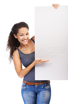 Buy stock photo Empty, advertising and portrait of woman with poster for blank product placement and copy space signboard. Isolated black woman with poster mockup at white background for marketing.

