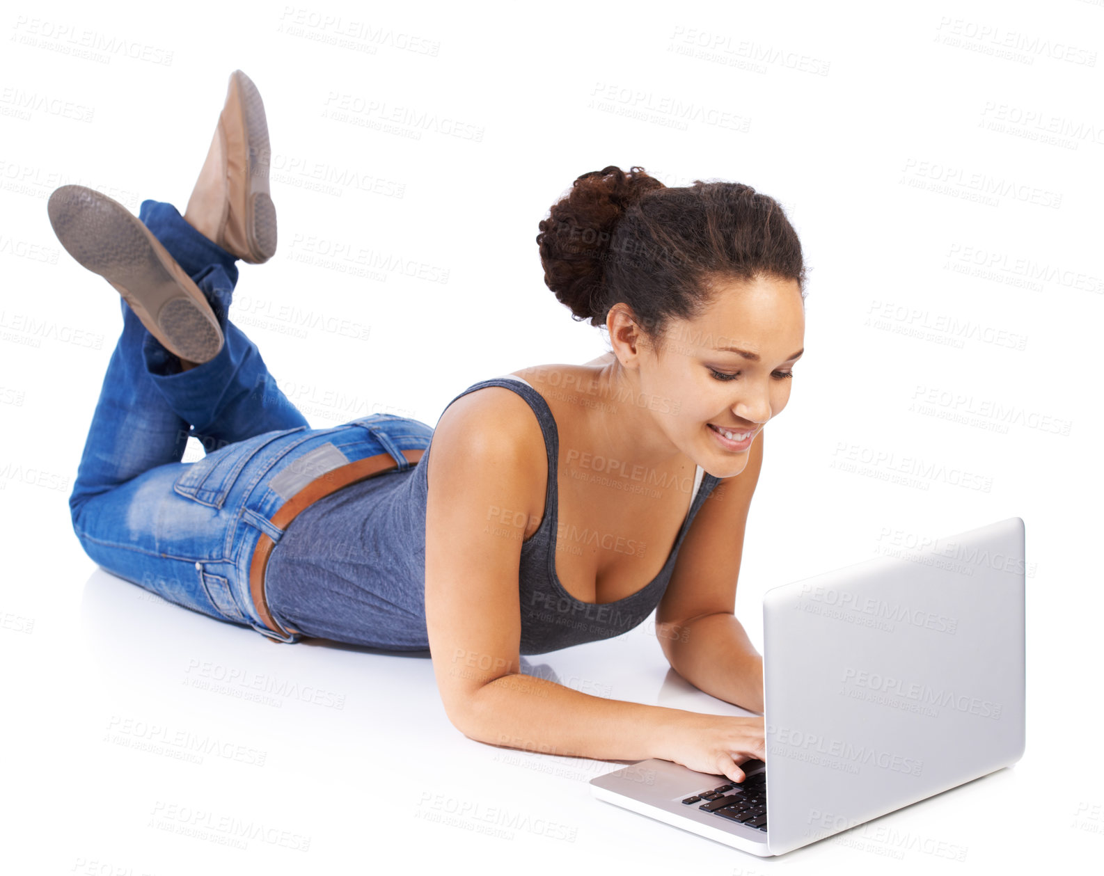 Buy stock photo Black woman, study and laptop on a floor for research, writing and online project in studio. Education, typing and woman learning, university and internet search, creative and white background mockup