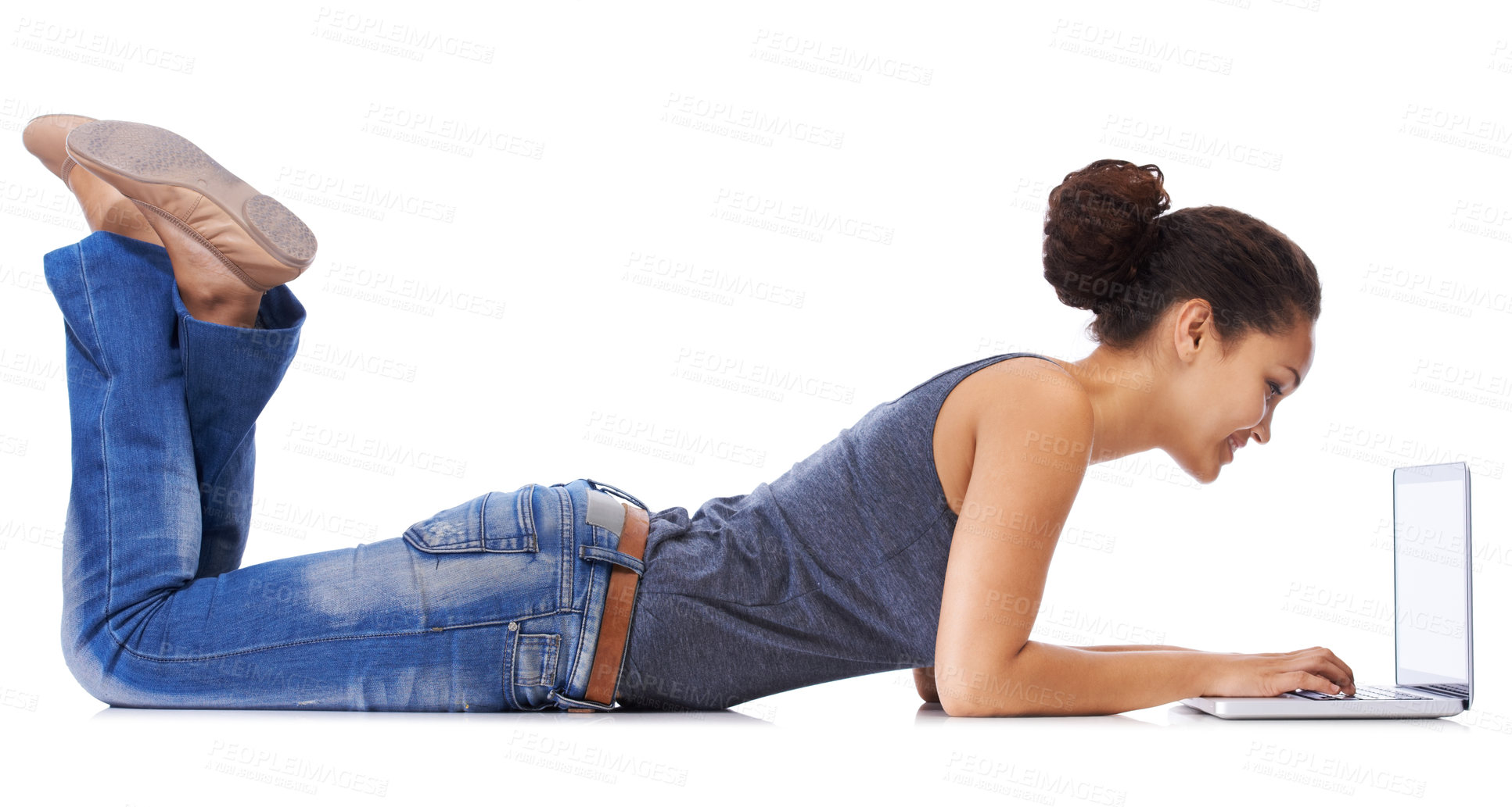 Buy stock photo Black woman, laptop and student on floor for research, writing and email on white background. Education, study and woman learning, university and internet search, creative and isolated mockup space