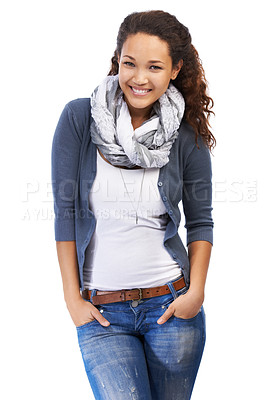 Buy stock photo Black woman, portrait smile and happy model with casual fashion and natural beauty isolated, White background, woman and young african student with happiness and calm smiling feeling cute and sweet