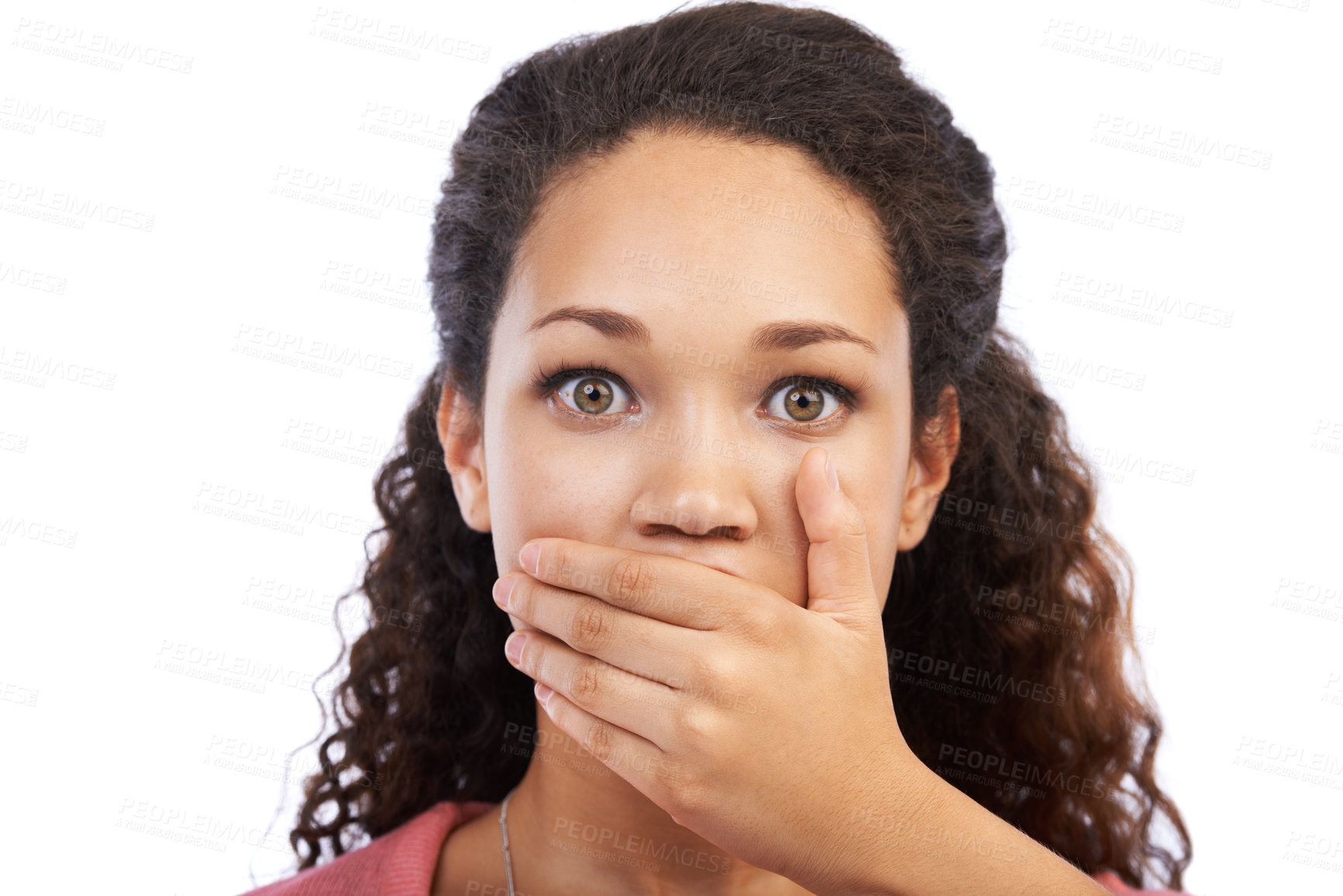 Buy stock photo Portrait, hand on mouth and omg with a surprised black woman in studio on a white background  in shock. Face, wow and surprise with young woman looking shocked at news, gossip or an announcement