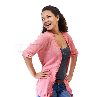 Buy stock photo Fashion, happy and young woman in studio with casual, cool and trendy fashionable outfit. Beauty, smile and girl model from Mexico with stylish clothes isolated by white background with mockup space.