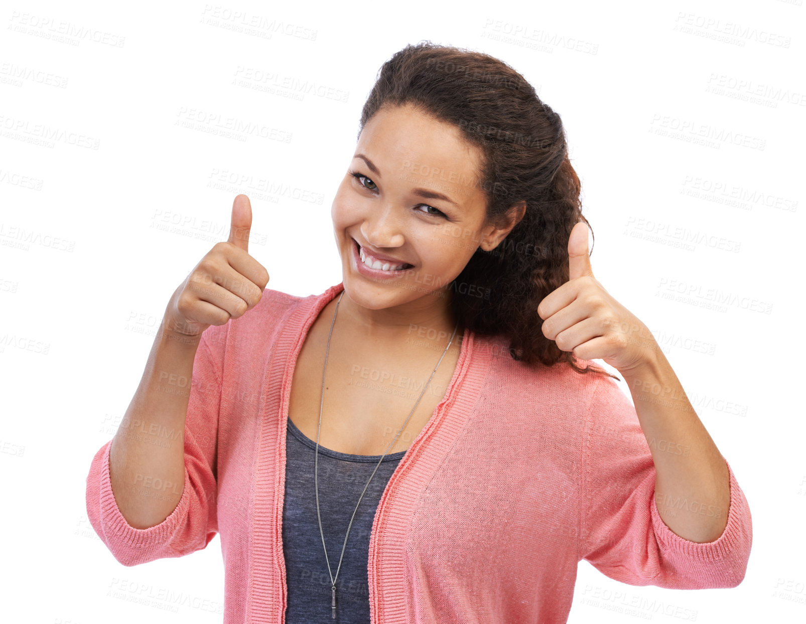 Buy stock photo Face portrait, thumbs up and woman in studio isolated on a white background. Hands gesture, like emoji and happy female model with thumbsup for success, support or approval, thank you or agreement