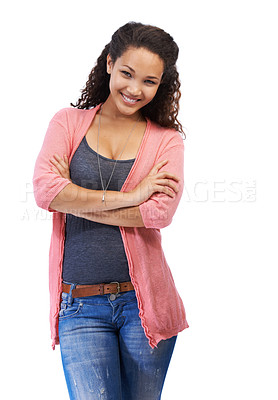Buy stock photo Fashion, beauty and black woman smile portrait with arms crossed for style, motivation and happiness. Natural, lifestyle and confident model for clothes, smile or happy face on white background