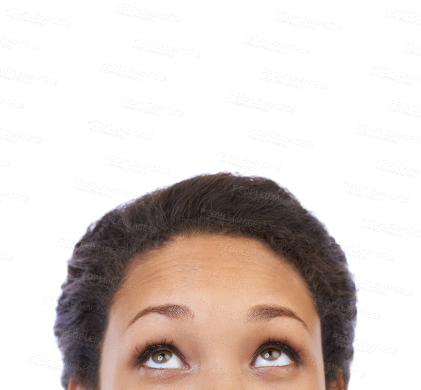 Buy stock photo Thinking, studio and woman looking at mockup space for advertising, marketing or product placement. Mock up, thoughtful and half face of a female model with advertisement isolated by white background