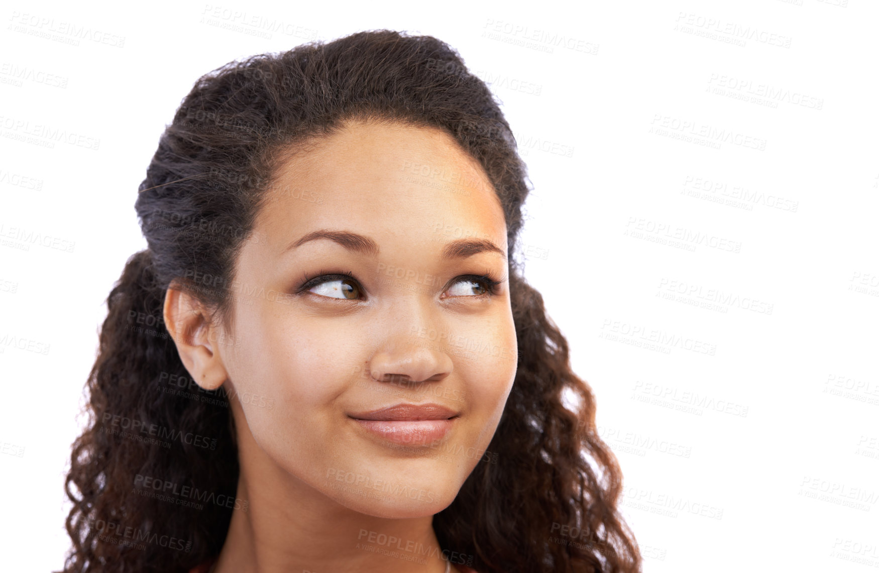 Buy stock photo Thinking, idea and mockup with a black woman in studio on a white background for marketing or advertising. Mock up, dreaming or ideas with a beautiful young female looking pensive while contemplating