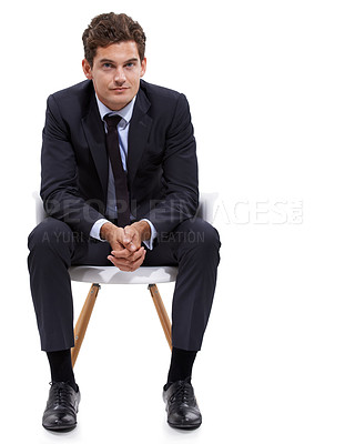 Buy stock photo Businessman, sitting and portrait of manager in a chair with white background or mock up space in studio. Serious, entrepreneur and waiting on seat with professional style, fashion or suit for work